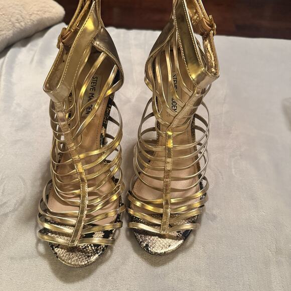 Steve Madden Gold Heels Womens 8.5 Strappy stilettos Caged Glam Party shoes - Picture 3 of 8